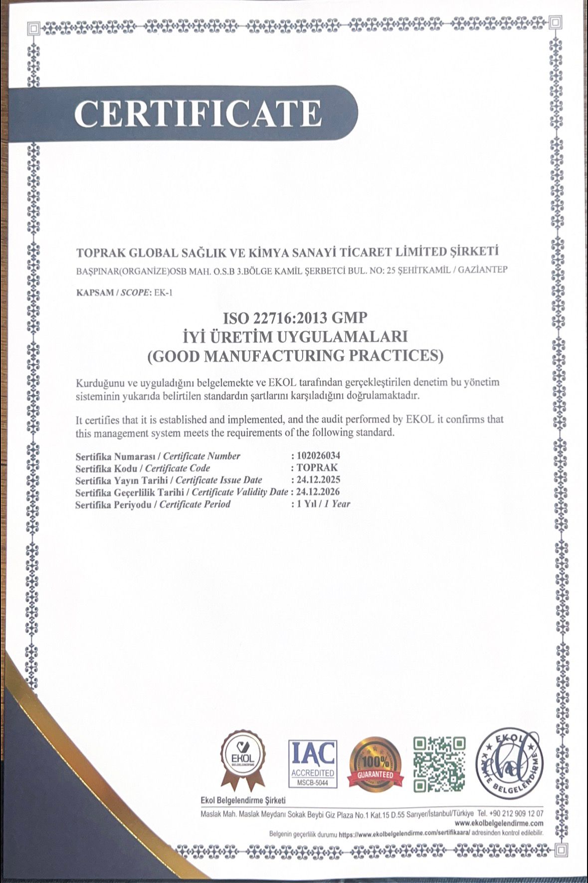 GMP İyi Üretim Belgesi