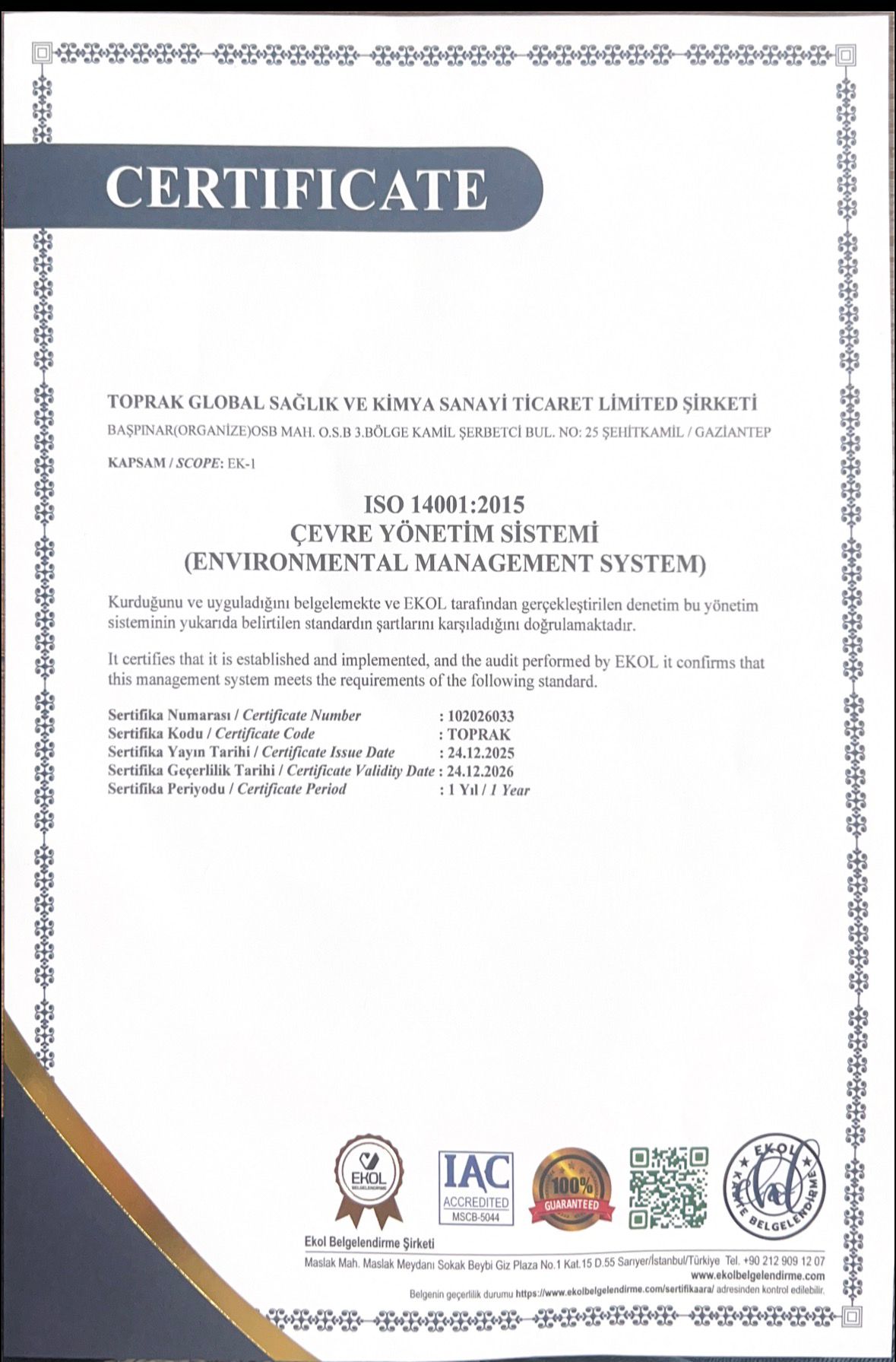 ISO 14001 Çevre Belgesi
